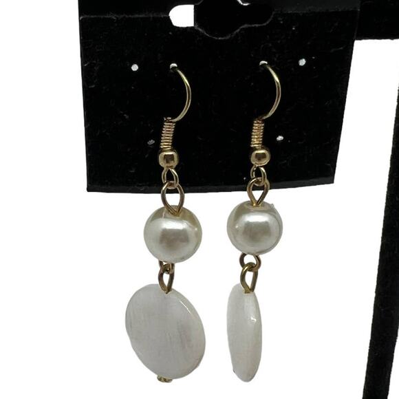 White and Silver Drop Earrings, 2" Long, 0.5" Wide, Summer Style - Picture 3 of 9